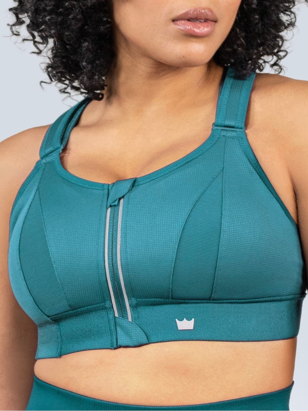 Shefit Front-Zip Support Sports Bra in nude, teal and navy